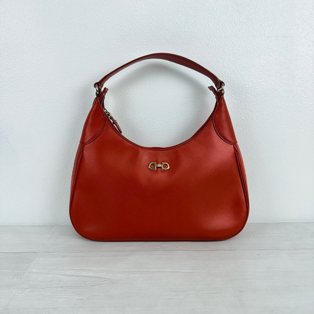 Salvatore Ferragamo Hobo Bag Red Orange Saffiano Leather Gancini Romana Italy